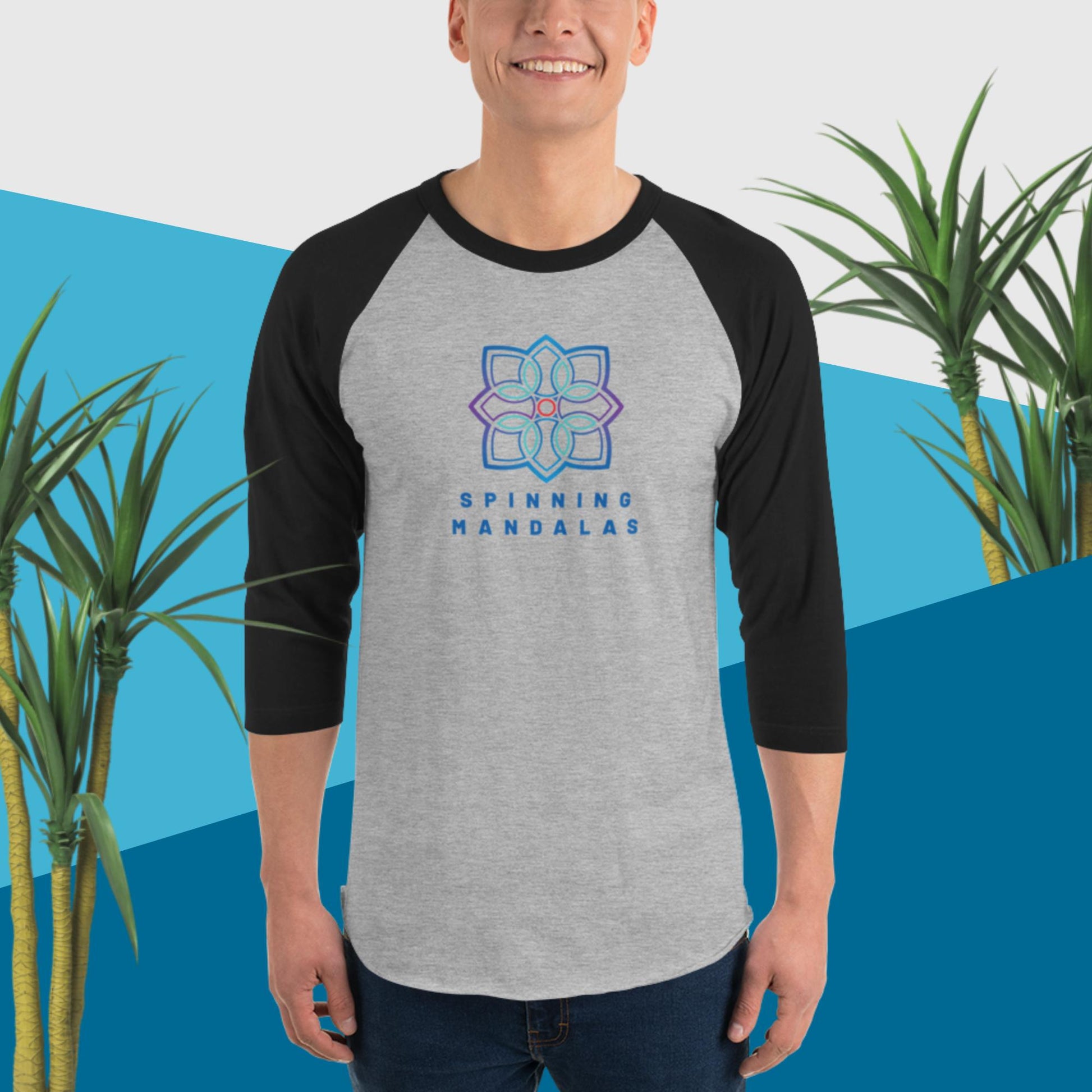 Grey with Black 3/4 sleeve Baseball T-shirt. Multiple color combinations available. Brand. Clothing. Cotton. Cotton blend. Spinning Mandalas spinningmandalas.com