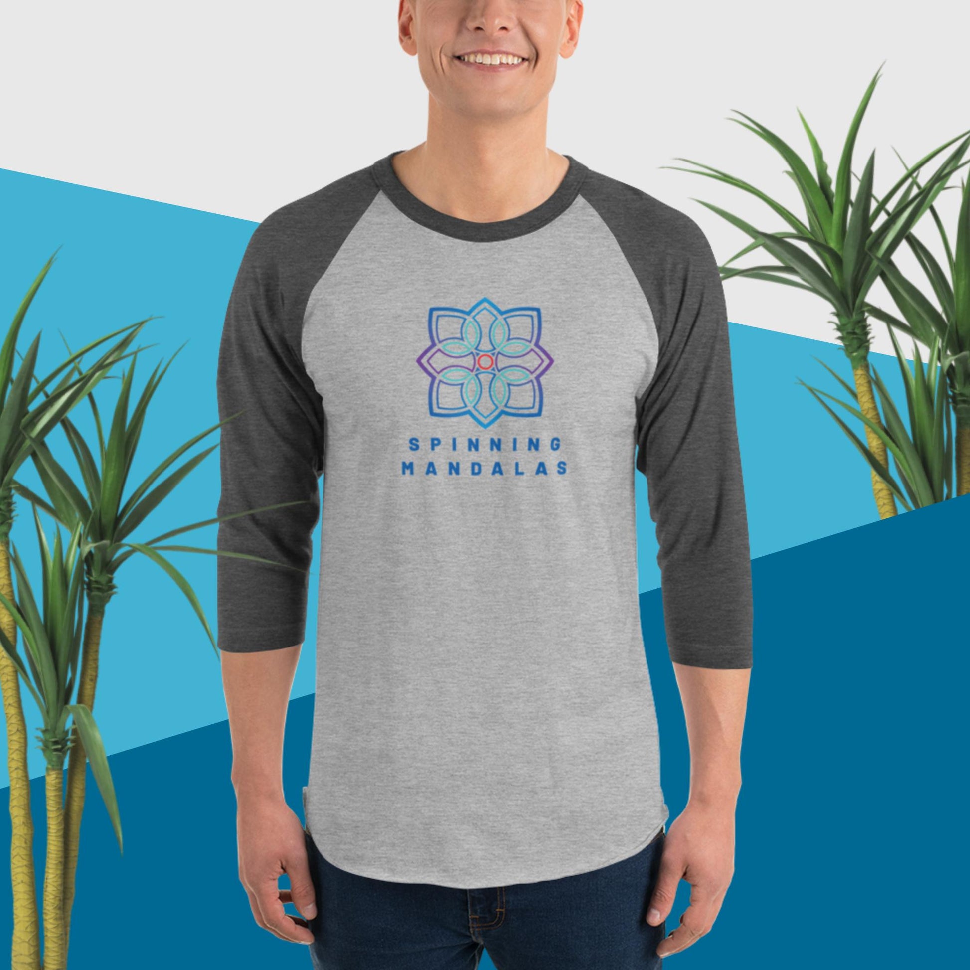 Grey with Dark Grey 3/4 sleeve Baseball T-shirt. Multiple color combinations available. Brand. Clothing. Cotton. Cotton blend. Spinning Mandalas spinningmandalas.com