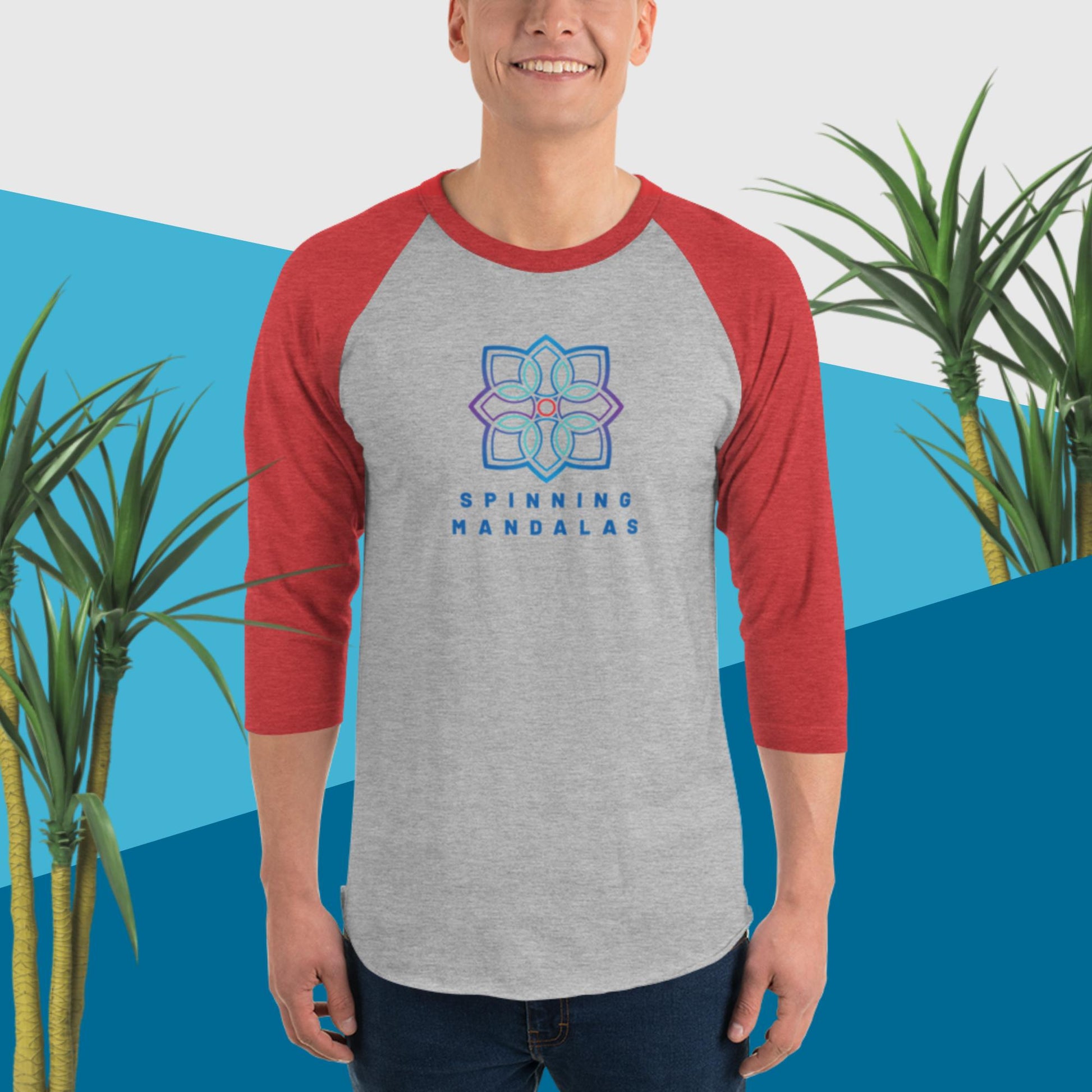 Grey with Red 3/4 sleeve Baseball T-shirt. Multiple color combinations available. Brand. Clothing. Cotton. Cotton blend. Spinning Mandalas spinningmandalas.com
