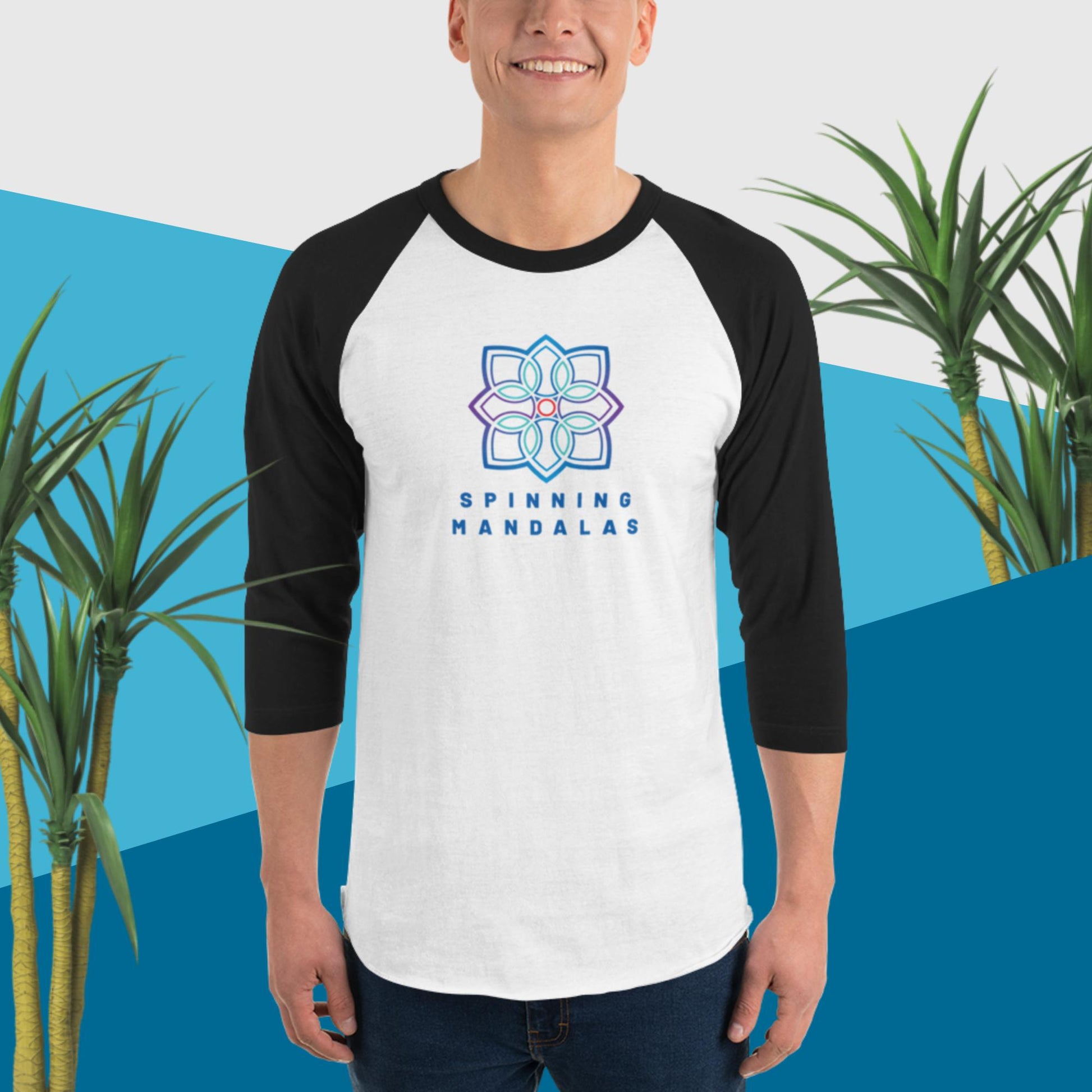 White with Black 3/4 sleeve Baseball T-shirt. Multiple color combinations available. Brand. Clothing. Cotton. Cotton blend. Spinning Mandalas spinningmandalas.com