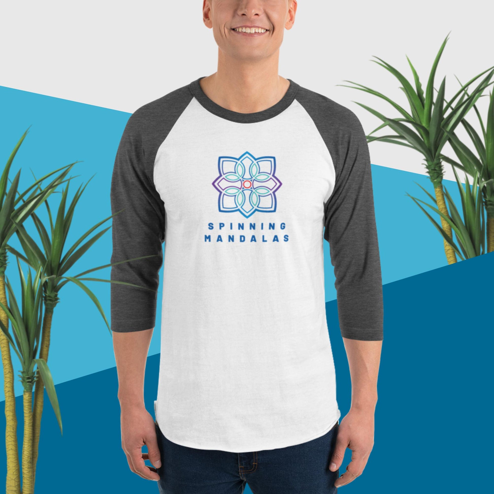 White with Dark Grey 3/4 sleeve Baseball T-shirt. Multiple color combinations available. Brand. Clothing. Cotton. Cotton blend. Spinning Mandalas spinningmandalas.com
