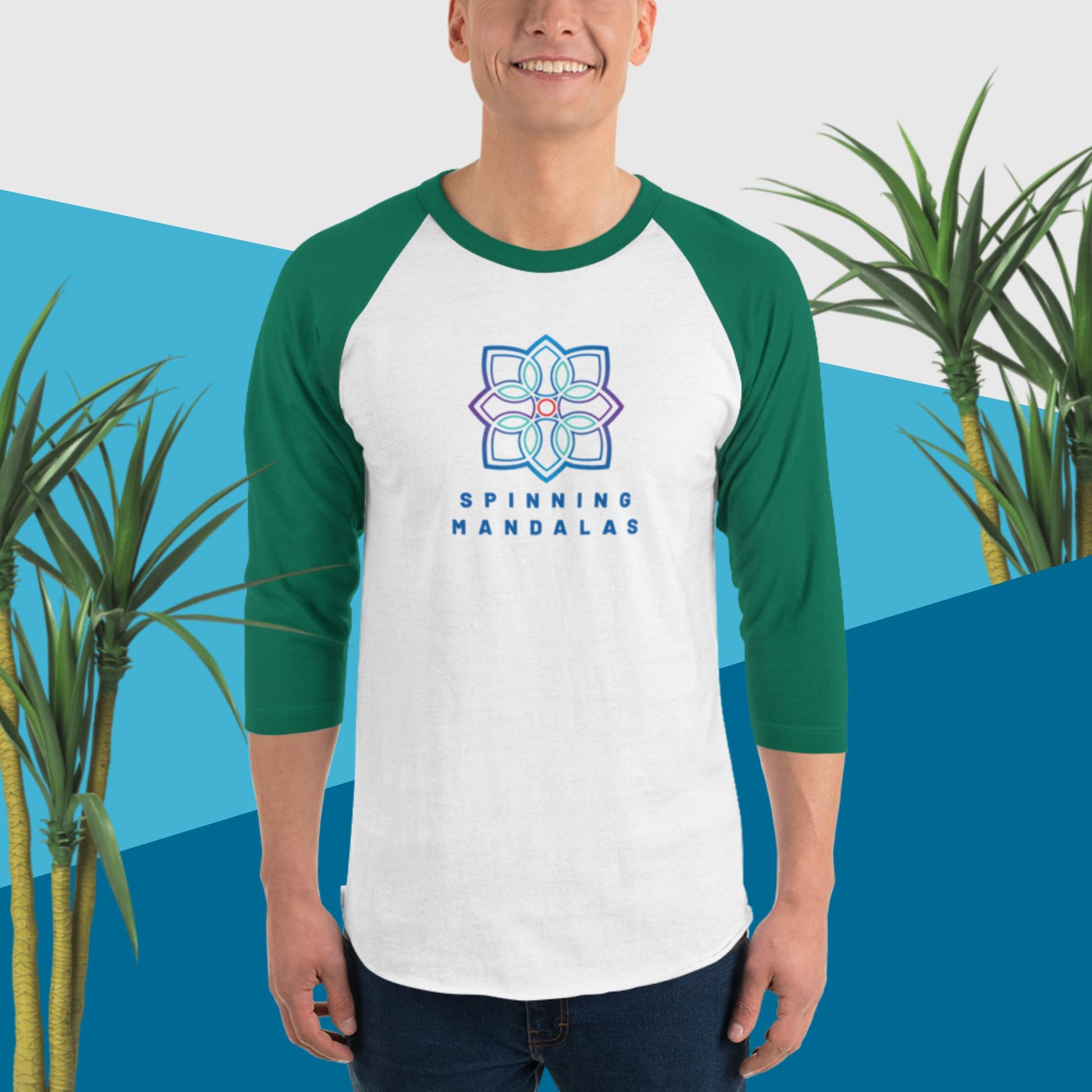 White with Green 3/4 sleeve Baseball T-shirt. Multiple color combinations available. Brand. Clothing. Cotton. Cotton blend. Spinning Mandalas spinningmandalas.com