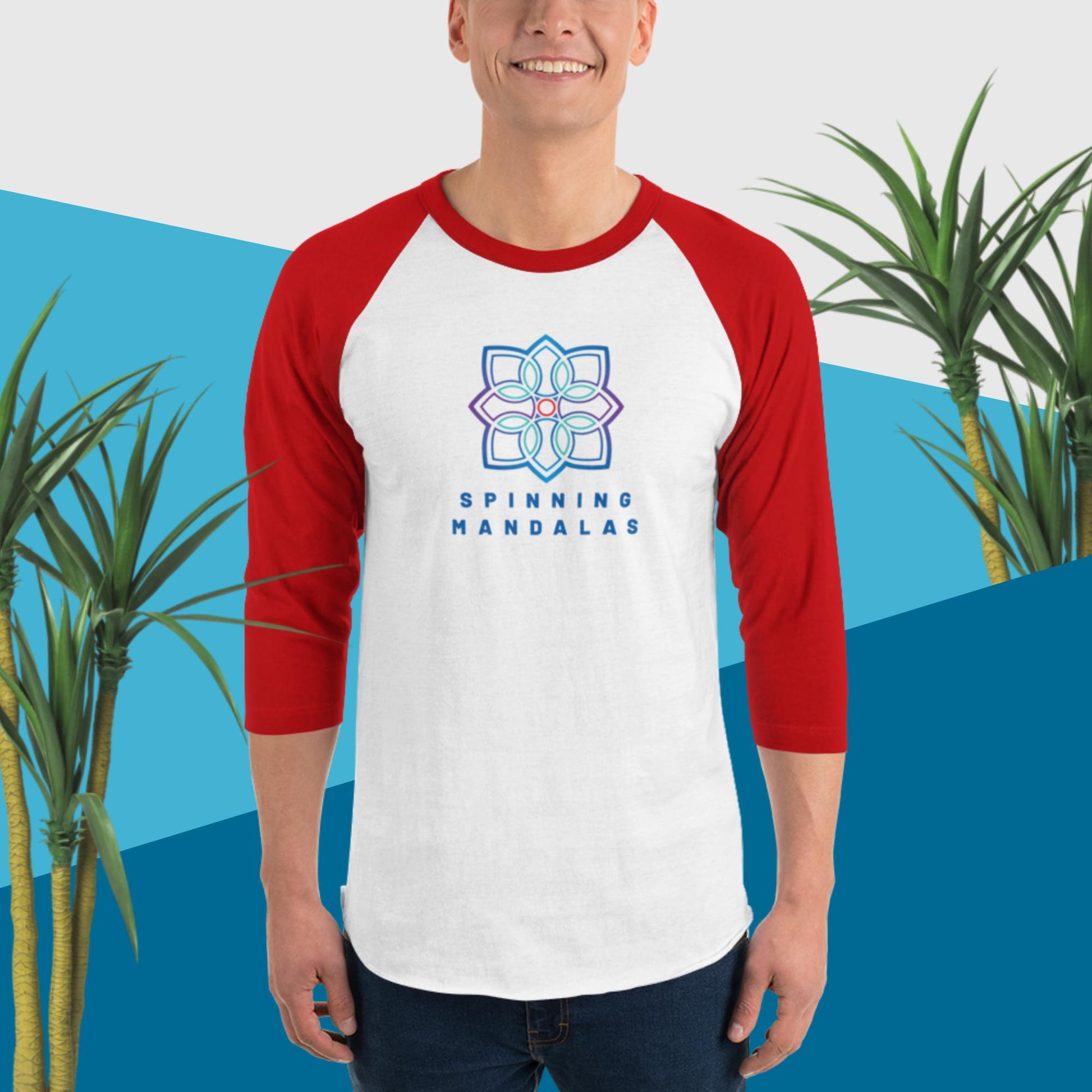 White with Red 3/4 sleeve Baseball T-shirt. Multiple color combinations available. Brand. Clothing. Cotton. Cotton blend. Spinning Mandalas spinningmandalas.com