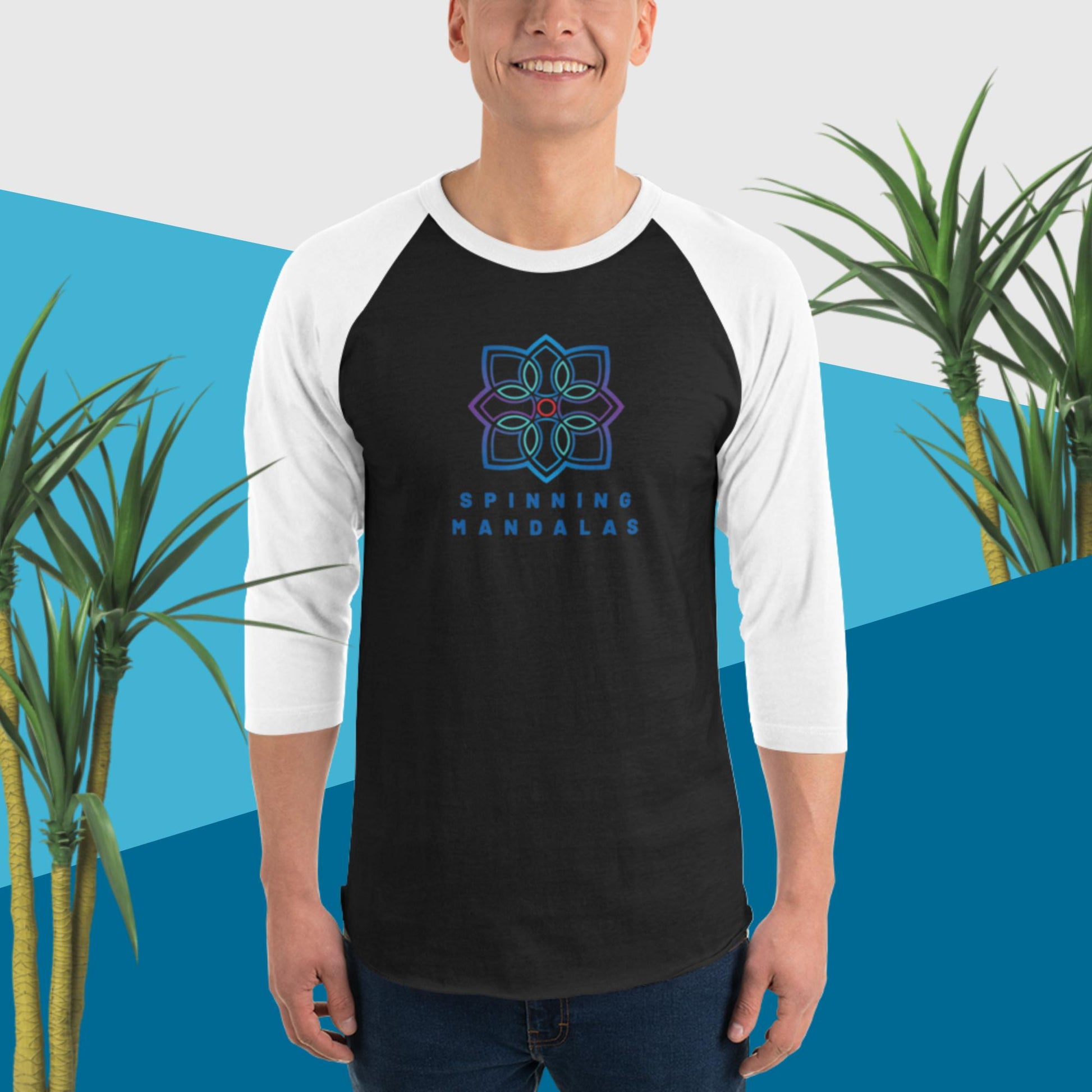 Black with White 3/4 sleeve Baseball T-shirt. Multiple color combinations available. Brand. Clothing. Cotton. Cotton blend. Spinning Mandalas spinningmandalas.com