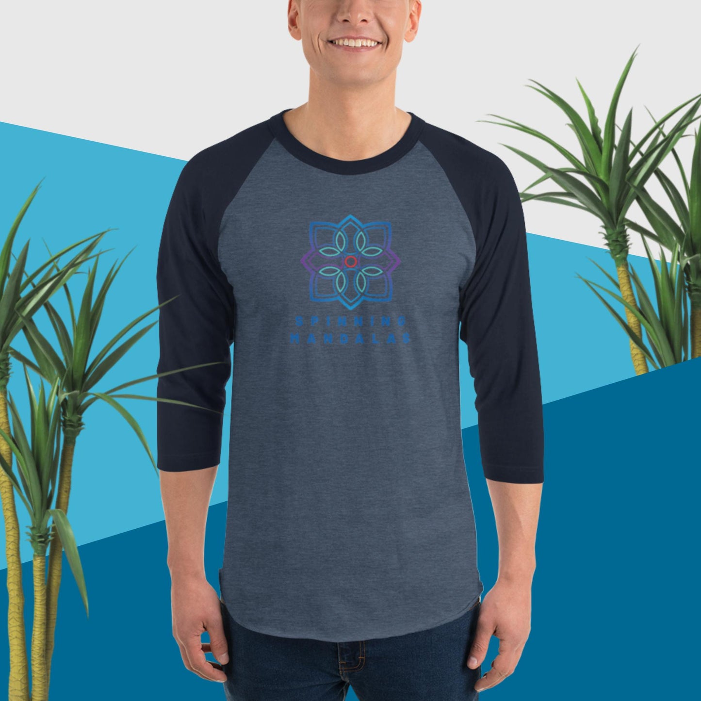 Denim Grey with Navy Blue 3/4 sleeve Baseball T-shirt. Multiple color combinations available. Brand. Clothing. Cotton. Cotton blend. Spinning Mandalas spinningmandalas.com